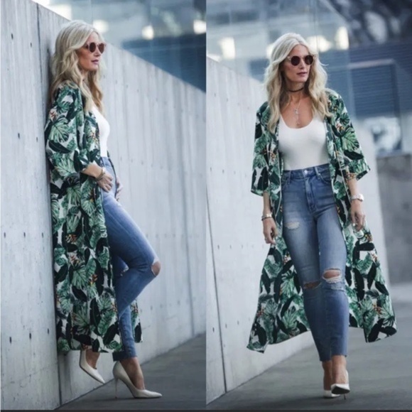 ✨🏝️ Racheal Zoe Palm Leaf Longline Kimono 👘 OS ✨🌴 NWOT🌴 - Picture 2 of 11